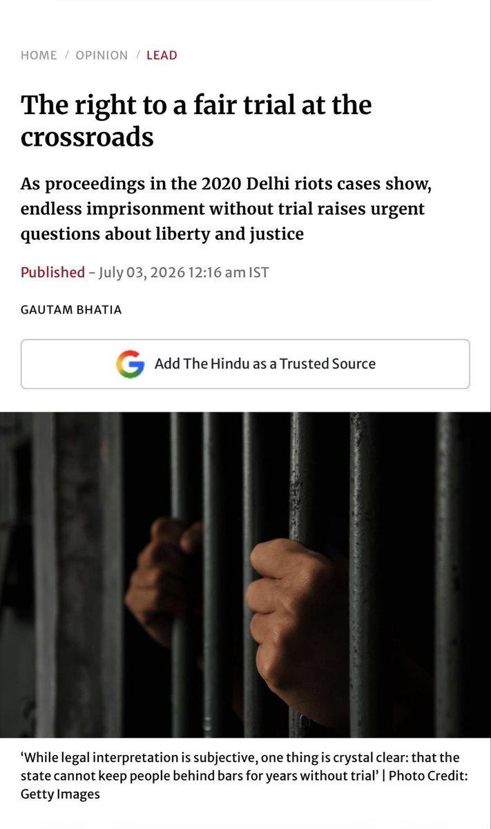 gautambhatia88's tweet photo. In today’s @the_hindu: as Umar Khalid and Sharjeel Imam complete six years in jail without trial, another upcoming round of bail hearings and inconsistent Supreme Court judgments have placed the right to fair trial at a crossroads. 

[Link in tweet below. 👇🏼] https://t.co/Xef1xuwRmA