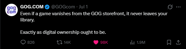 TenableAcumen's tweet photo. @ShankMods Places like GoG are DRM free and provide installers if the game is ever removed from their servers. You 100% own it. You can also copy files on PC to an external drive to save. https://t.co/BYM4zA0b9w