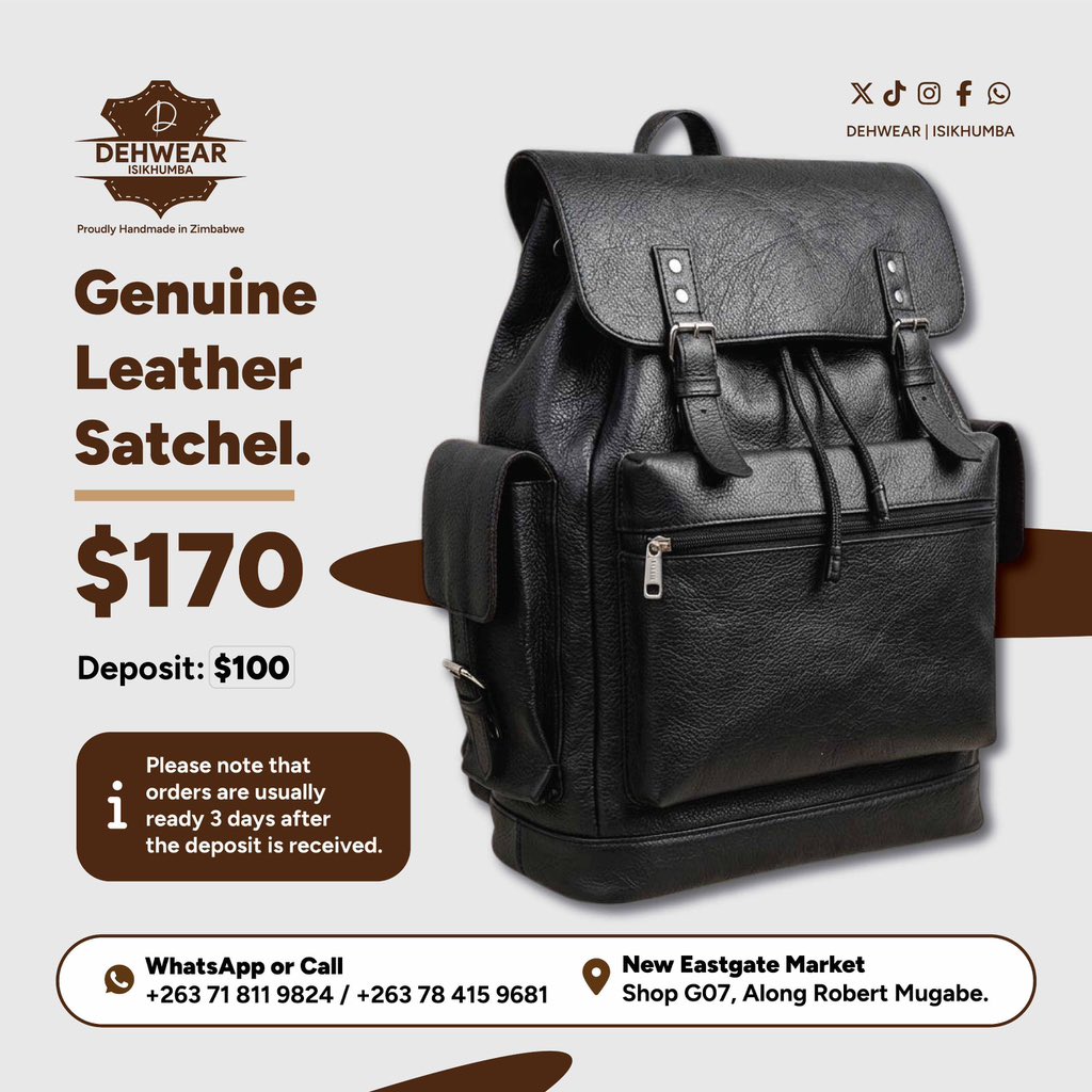 DEHWEAR's tweet photo. Price: $170.
Deposit: $100.
Order takes 3 days to complete after deposit placement.
Location: New Eastgate Market, Shop G07, Along Robert Mugabe.
#Dehwear #Isikhumba #HandmadeInZW. https://t.co/s6t2MVBuXJ
