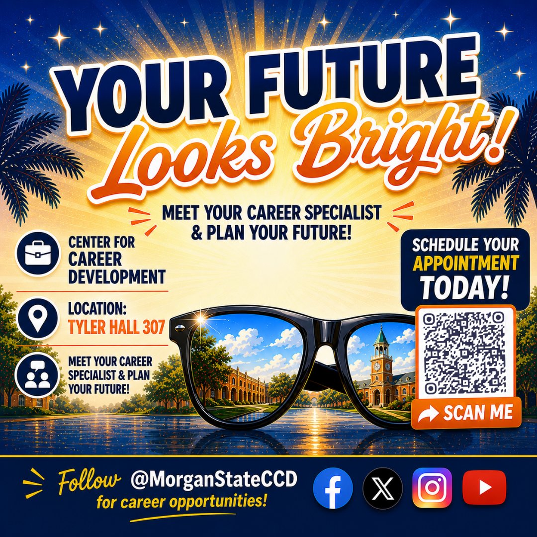 MorganStateCCD's tweet photo. Your future looks bright ✨
 And you’ve got a whole team ready to help you get there.

Whether you’re exploring majors, internships, or your next move—start with us.

📍 Center for Career Development | Tyler Hall 307
 🔗 Book your appointment today https://t.co/D6KeaE53QG https://t.co/6EcvnDQdUM