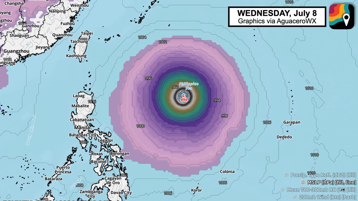 MyRadarWX's tweet photo. NEW: Bavi is likely to attain Category 5-equivalent status as a supertyphoon in the western Pacific between July 5-8.

The system is about to rapidly intensify. It will pass near or over Guam/Micronesia/the northern Mariana Islands on Monday with Category 3 or 4 impacts. Thereafter, it will continue westward.

It's passing over exceptionally hot water temperatures of 88-90 degrees, which contain extreme oceanic heat content – i.e. fuel. 

Winds aloft are fanning away from the system, creating a vacuum of sorts that lifts more heat and moisture from below, strengthening the storm. 

And the winds upstairs aren't too strong, meaning there won't be much to disturb or disrupt Bavi's strengthening circulation. Without anything to tear the nascent storm apart, it will likely intensify unimpeded.

In the short term, a bit of dry air being entrained into the system has slowed strengthening. By Friday evening, that will no longer be an issue. 

It will probably be a Category 5-equivalent by Monday, July 6 – and perhaps even by Saturday night into Sunday.

If you live in Guam/Micronesia/the northern Mariana Islands, PREPARE for high-end, serious impacts. The potential exists for winds of 120-140+ mph.

Thereafter, two alrge high pressure systems will act as "forcefields" of sorts, suppressing Bavi's northward progress and steering the storm west.

If you live in Japan, Taiwan or the Philippines, BE AWARE of the forecast and the potential for a high-end super typhoon in the western North Pacific.