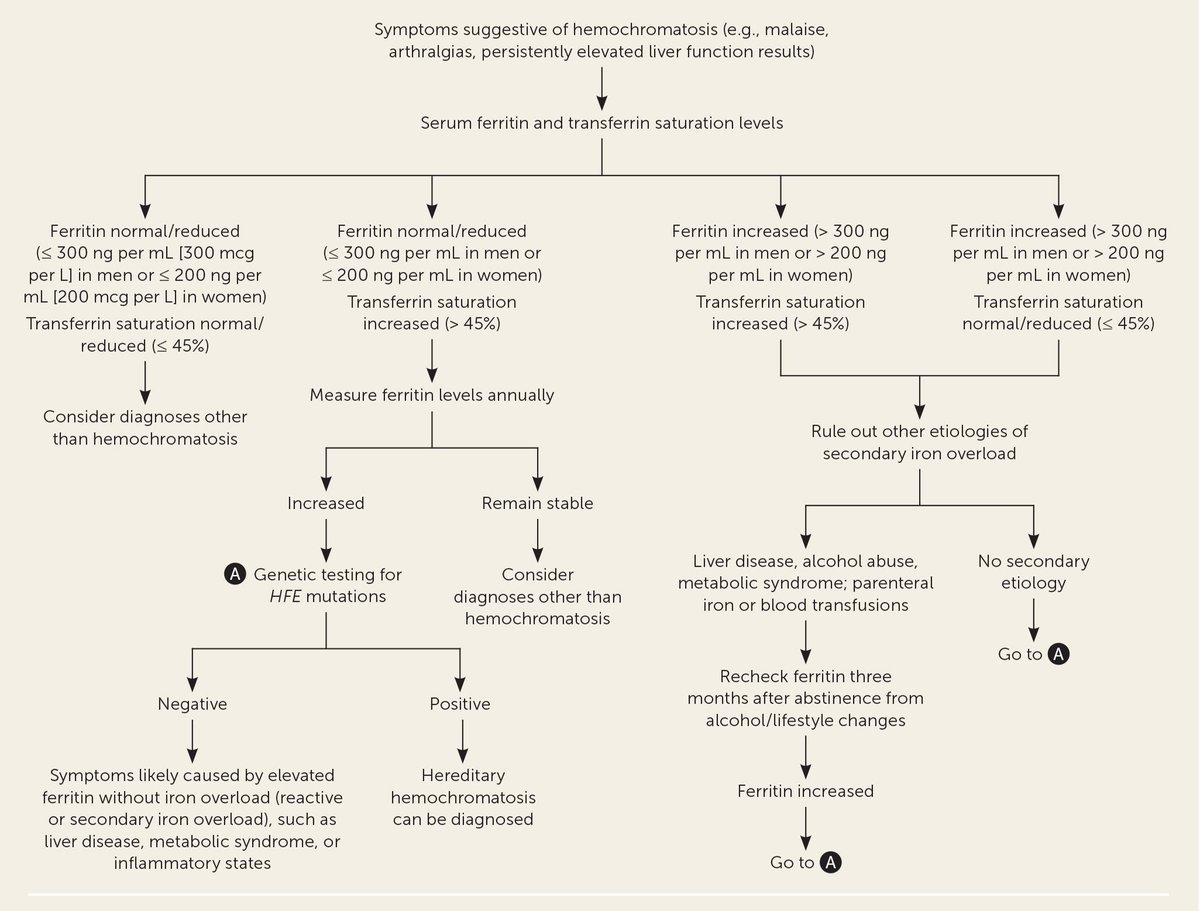 LuisOliverio's tweet photo. Algoritmo en caso de sospecha de hemocromatosis. Todo empieza con la ferritina y la saturación de transferrina - Am Fam Physician https://t.co/skY0wuSgc7