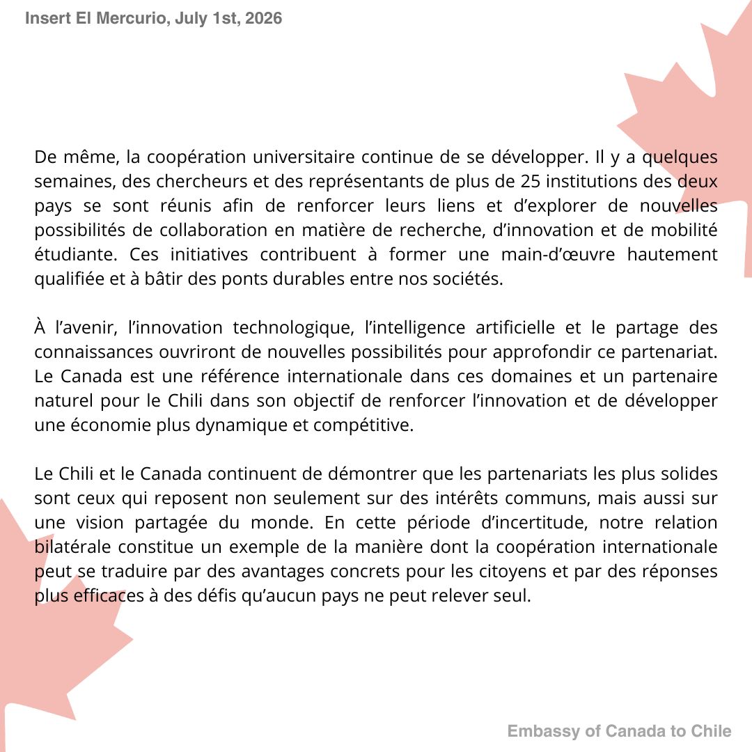 AmbCanChili's tweet photo. 🇨🇦🇨🇱 À l’occasion de la #FêteduCanada, lisez la tribune du ministre chilien des Affaires étrangères, Francisco Pérez Mackenna, publiée dans El Mercurio, sur la solidité des relations Canada–Chili et les possibilités de collaboration qui nous rapprochent. https://t.co/RWF4JxRil2