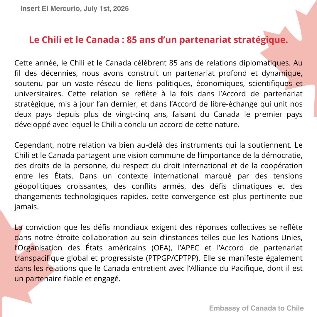 AmbCanChili's tweet photo. 🇨🇦🇨🇱 À l’occasion de la #FêteduCanada, lisez la tribune du ministre chilien des Affaires étrangères, Francisco Pérez Mackenna, publiée dans El Mercurio, sur la solidité des relations Canada–Chili et les possibilités de collaboration qui nous rapprochent. https://t.co/RWF4JxRil2