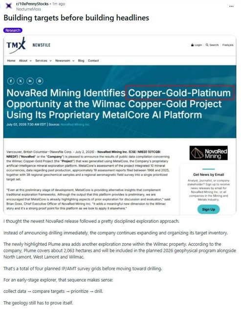 nonhle_princess's tweet photo. $NRED IS GIVING ME THE KIND OF LATEST UPDATE I WANT BEFORE A DRILL WINDOW.

That is why I continue holding.

That is why I buy the dip.

NovaRed is taking Wilmac beyond a basic copper-gold story.

MetalCore just processed public exploration data from 1968 through 2025 and built a prioritized target set from 10 mineral occurrences, 19 assessment reports, 38 regional geochemical samples, past production records and aeromagnetic data.

The output matters.

The AI highlighted a platinum-group element signal across the project while North Lamont remains a key copper target with 1,125 ppm Cu in soil.

The details hit hard:

Whipsaw Creek had historic gold + platinum placer history.

3,460g recorded gold.

111.24 troy oz.

POLARIS 16 has copper porphyry + Alaskan-type PGE classification.

Trojan-Condor magnetic highs reach +456 nT.

This is how the story expands before drilling.

NovaRed keeps working.

MetalCore keeps producing insight.

Wilmac keeps gaining layers.

Buy the dip before the crowd catches up.

Not financial advice. Charts don’t wait for permission.