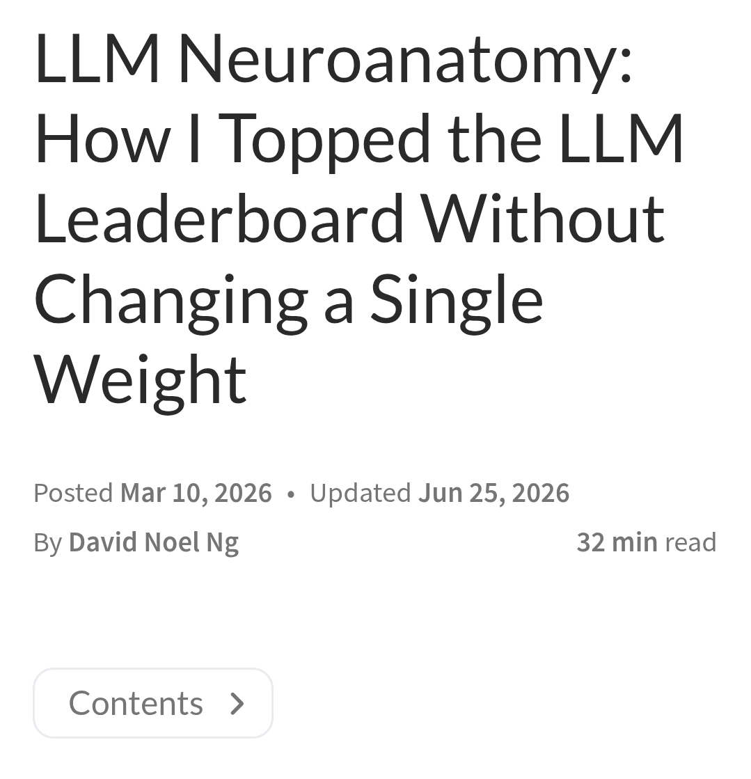 Imperor42's tweet photo. We've known some part of this already - how different layers of an LLM specialize in different things. And how duplicating a thinking block of layers ("LLM neurosurgery"), for instance, makes them think harder. 

From a nice related read: https://t.co/qABd4n5ahg
