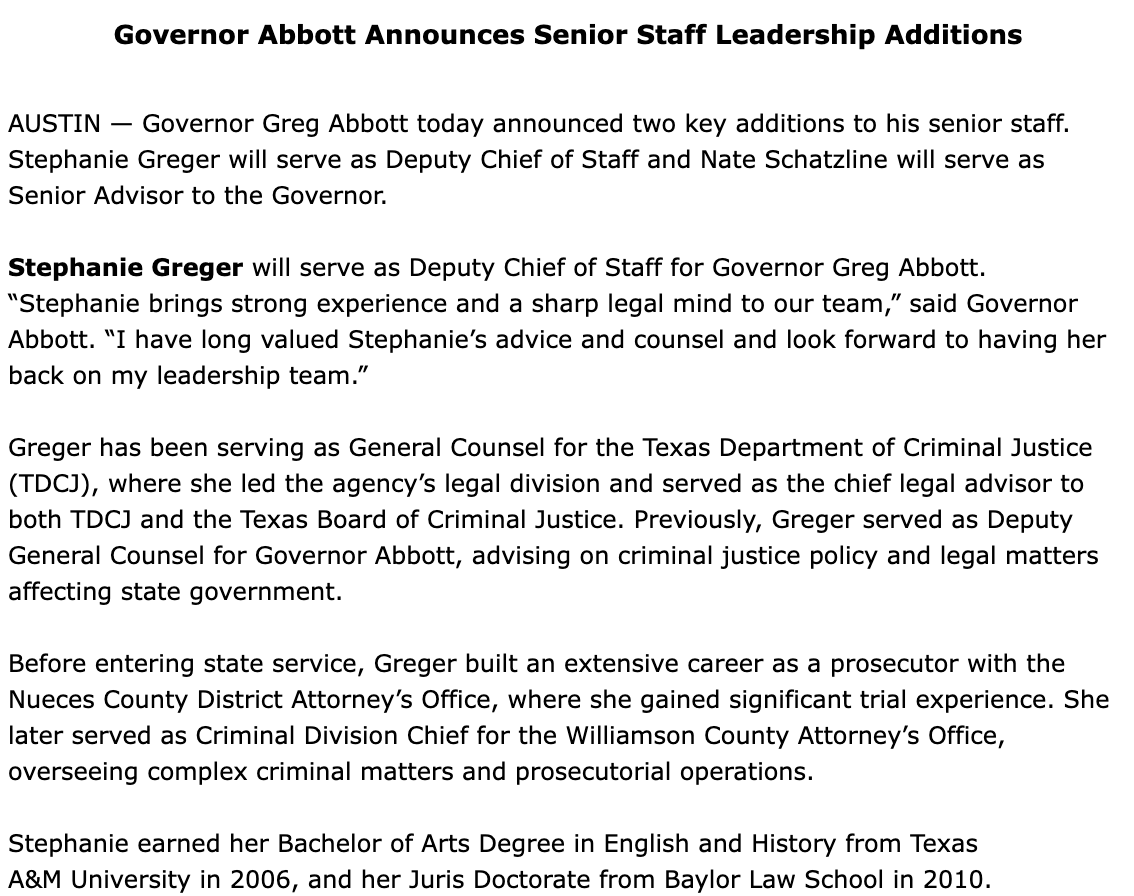 GovAbbottPress's tweet photo. Governor Abbott announces additions to his Senior Staff:

Stephanie Greger - Deputy Chief of Staff

Nate Schatzline - Senior Advisor https://t.co/SMInropCSa