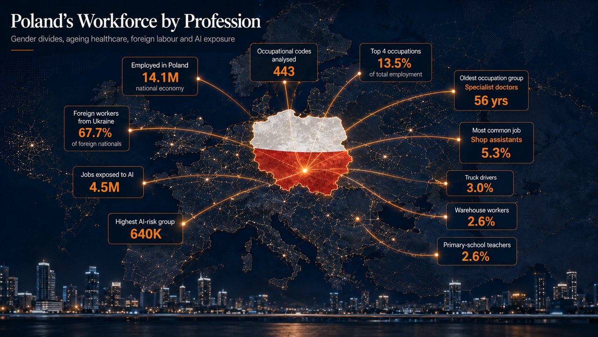 CEOPoland's tweet photo. Who keeps Poland’s labour market moving—and which jobs will AI change first?

New data reveal an ageing healthcare workforce, foreign workers powering transport and millions of roles exposed to automation.
https://t.co/qINdyt0Htf https://t.co/cqVlcsuE2w