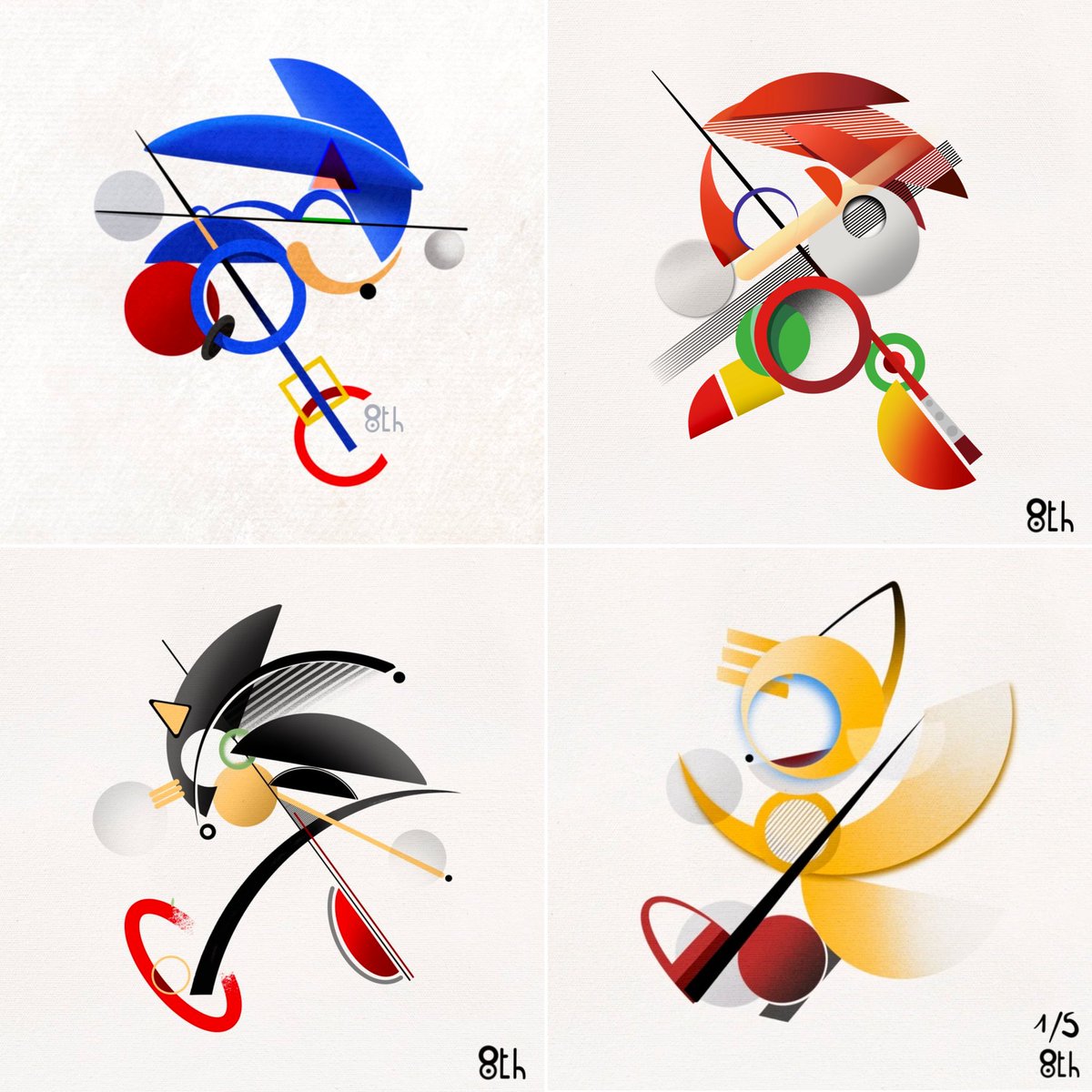 8thproject1's tweet photo. My abstract take on Sonic, Shadow, Knuckles &amp; Tails. https://t.co/RyZvxN9wZW