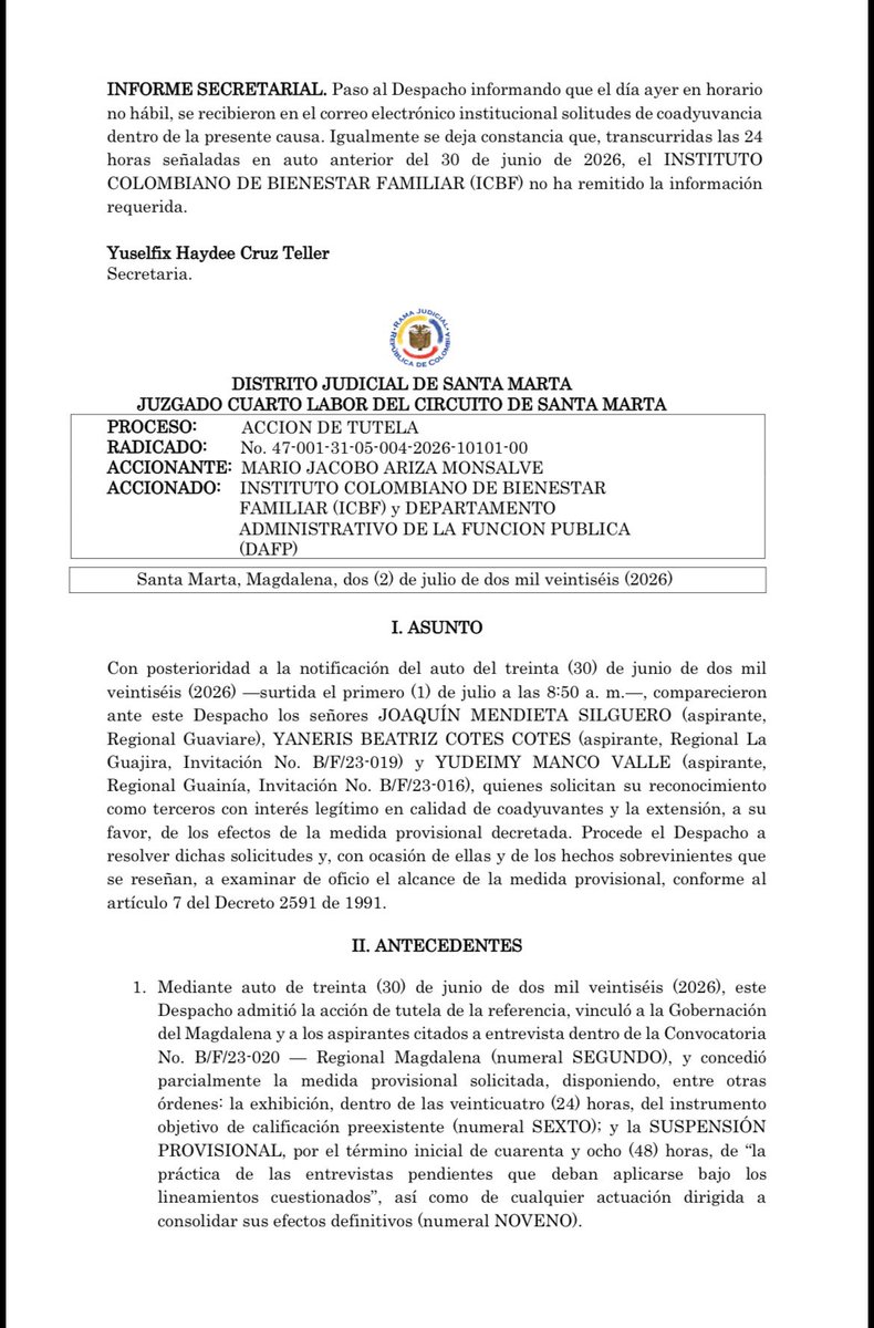 EspinosaRadio's tweet photo. 🚨Atentos🚨

Les conté esta mañana en @CaracolRadio la convocatoria del @ICBFColombia a un mes de terminar el gobierno para elegir, casi 4 años después, directores regionales 

Pues un juez acaba de suspender las entrevistas para elegir esos directores. Advierte que ICBF no entregó el instrumento objetivo de calificación que debía presentar
