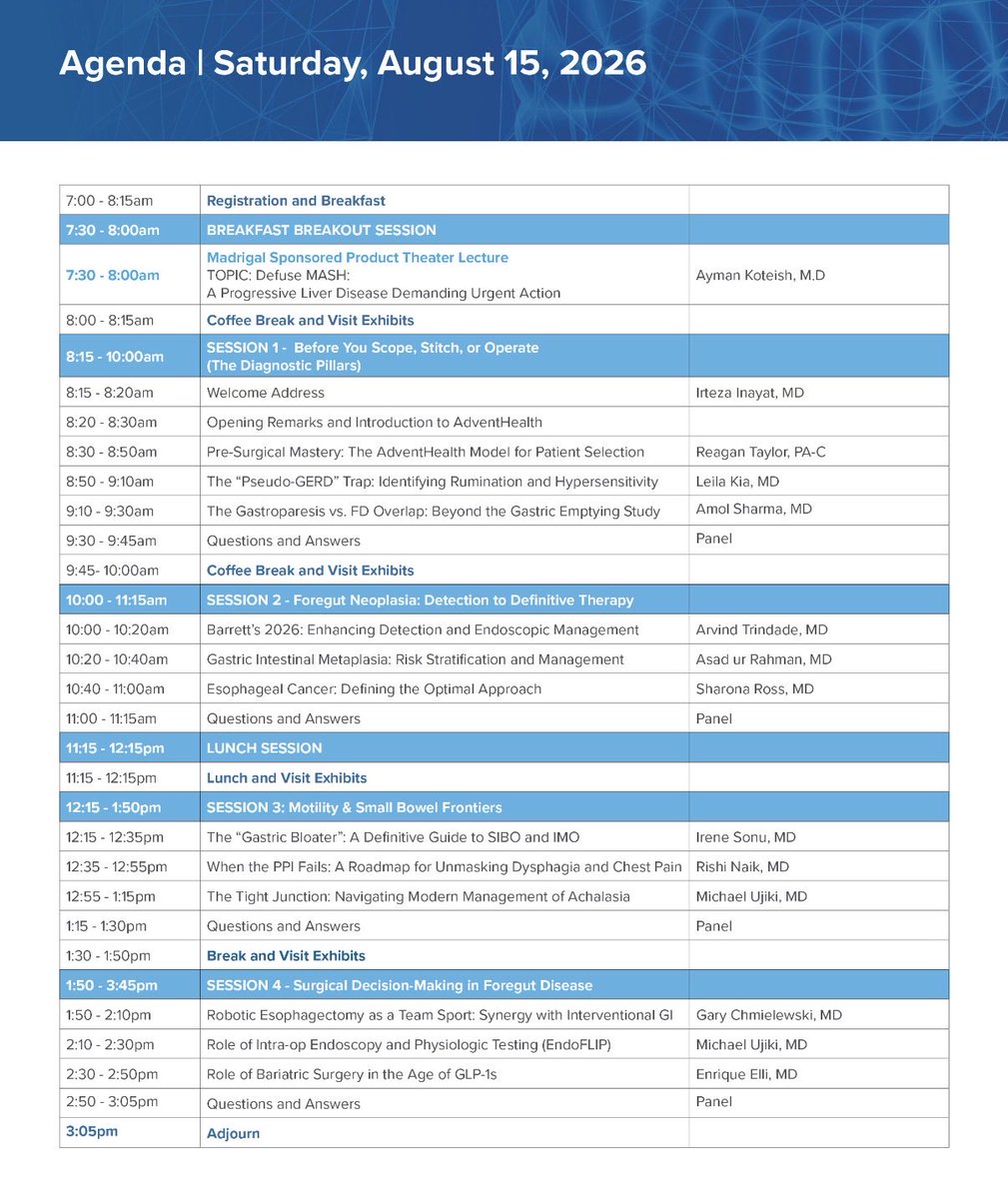 MN_GIMD's tweet photo. Algorithms are helpful.

Patients don’t always follow them.

The best foregut care often starts where the algorithm ends, with thoughtful discussion, multidisciplinary collaboration, and clinical judgment.

Looking forward to @AdventHealthCFL 
“Updates in Foregut 2026” as we tackle some of the most challenging cases in foregut disease.

📍 JW Marriott Orlando 
📅 August 15

Fellows & Residents Free Registration 

#Gastroenterology #MedEd #Foregut