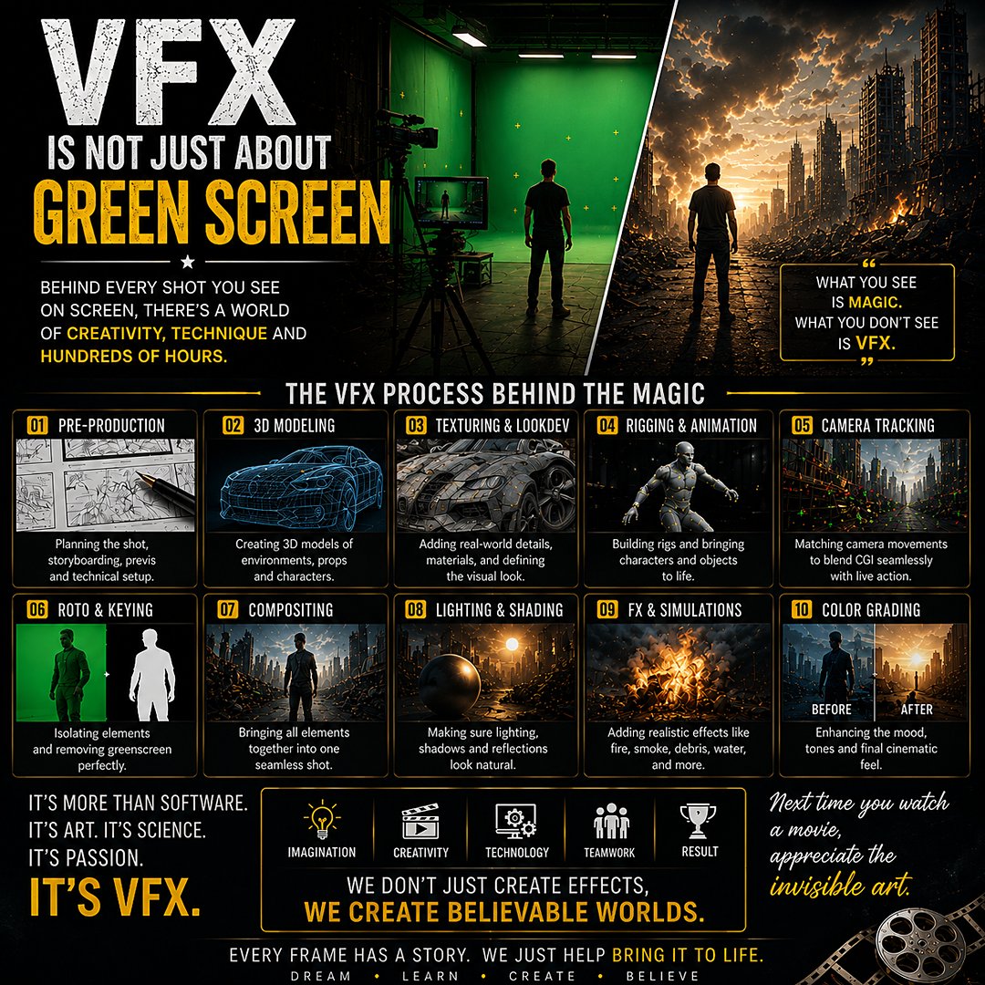 rambhikbiswas's tweet photo. VFX is more than Green Screen. It's creativity, technology, and hundreds of hours of craftsmanship behind every frame. 🎬✨
#VFX #CGI #VisualEffects #Compositing #Filmmaking #3DArtist #PostProduction #VFXArtist https://t.co/eZEaCXr7Ka