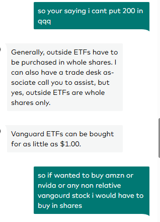 Caysen22's tweet photo. Vanguard said it pretty clearly — if it’s not a Vanguard fund, you may not be able to buy it in dollars.

For stocks and non-Vanguard ETFs like Invesco QQQ Trust (QQQ), some accounts only allow whole shares.

Wish I knew that before opening this account. https://t.co/WDKypNBuUC