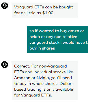 Caysen22's tweet photo. Vanguard said it pretty clearly — if it’s not a Vanguard fund, you may not be able to buy it in dollars.

For stocks and non-Vanguard ETFs like Invesco QQQ Trust (QQQ), some accounts only allow whole shares.

Wish I knew that before opening this account. https://t.co/WDKypNBuUC