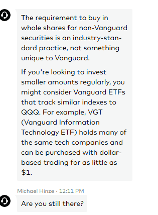 Caysen22's tweet photo. Vanguard said it pretty clearly — if it’s not a Vanguard fund, you may not be able to buy it in dollars.

For stocks and non-Vanguard ETFs like Invesco QQQ Trust (QQQ), some accounts only allow whole shares.

Wish I knew that before opening this account. https://t.co/WDKypNBuUC