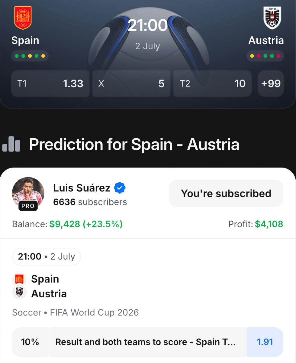 1winPro's tweet photo. Spain vs Austria has started - and Luis Suárez already has his bet

Luis thinks both teams will score.

Want to know why?

Suárez breaks down his full opinion on Betwave, where he shares predictions and football experience.

Read it exclusively on 1win:
https://t.co/jNgFyo9UwQ https://t.co/g6oMQEO133