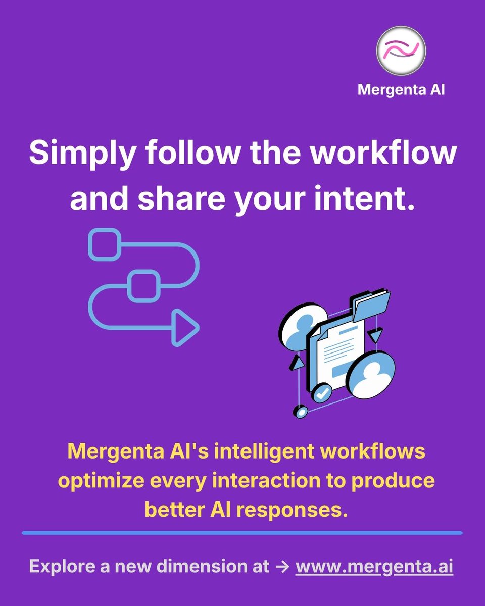 MergentaAI's tweet photo. Great AI doesn't start with prompts. It starts with workflows.

Share your intent. Follow the workflow.

Mergenta AI optimizes every interaction to deliver better AI responses without the complexity of prompt engineering.

Bring your ideas to Mergenta AI.

#AI #AIWorkflow #AITool https://t.co/P35c7duofc