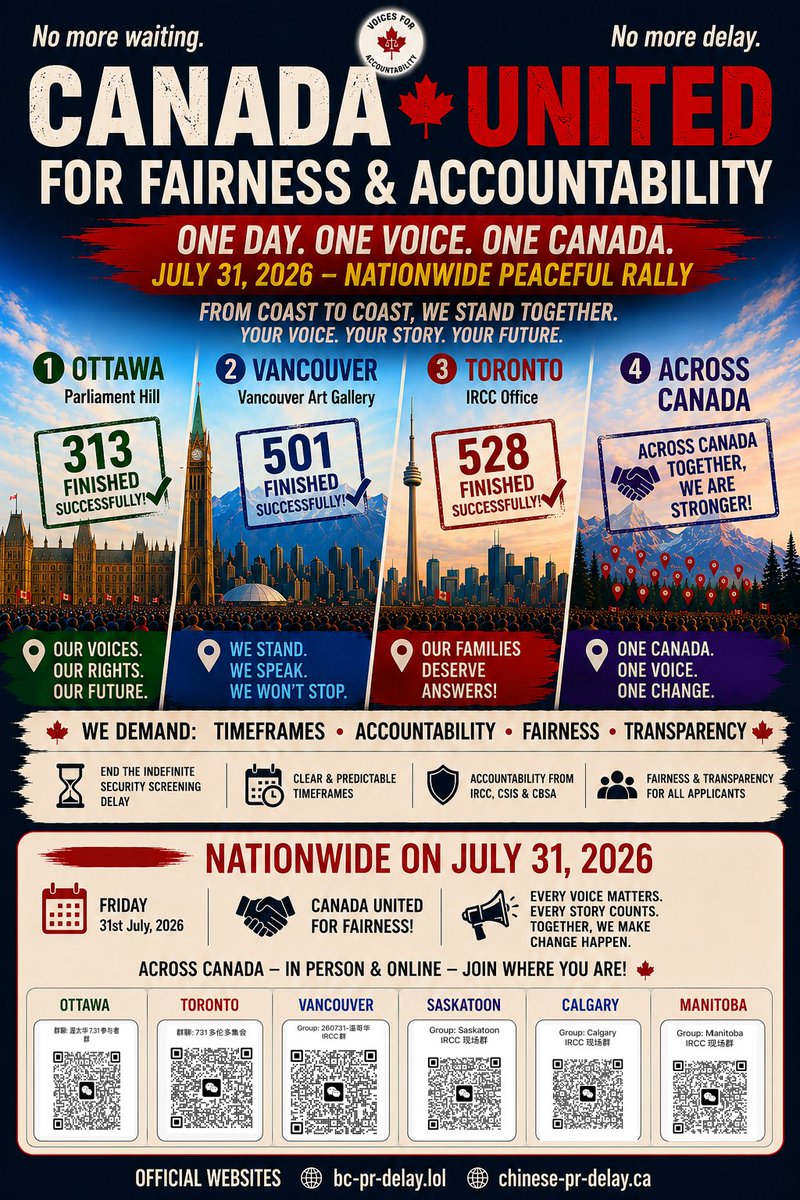 VoicesFairCheck's tweet photo. July 31，2026  Nationwide Peaceful Rally
One Day.
One Voice.
One Canada.
Let's stand together for fairness, transparency and accountability.
📢 Your voice matters.
📢 Your story matters.
📢 Join us and be heard.
Together, we can make a difference.
#IRCC #cdnpoli #cdnimm #CBCNews https://t.co/jtaqSoYnxV
