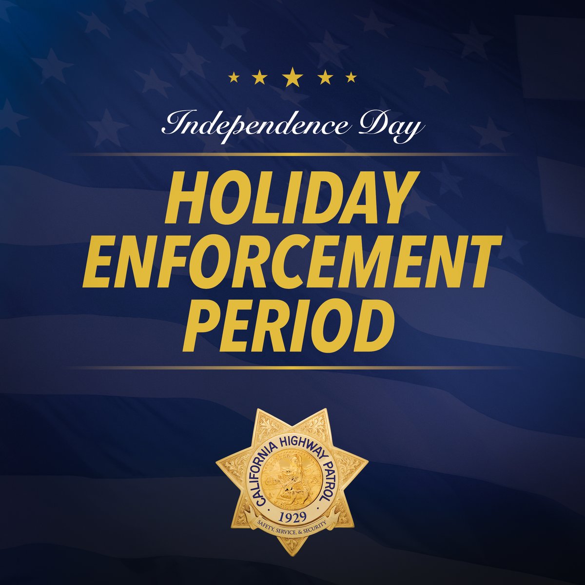 CHP_HQ's tweet photo. The Holiday Enforcement Period is in effect from 6:00 p.m. on 7/2 through 11:59 p.m. on 7/5. Drivers are reminded to slow down and always follow the speed limit.

🔗 https://t.co/5fuXA5wEUj

#CaliforniaHighwayPatrol #HolidayEnforcementPeriod #SafetyServiceSecurity https://t.co/a6QEeMlFTX