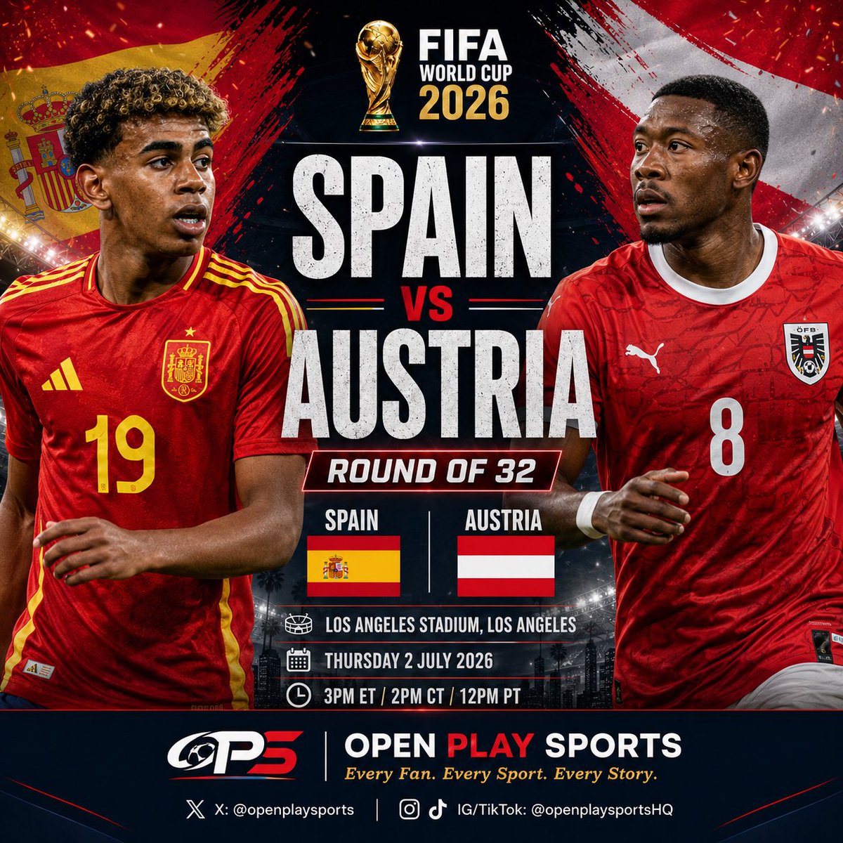 openplaysports's tweet photo. Spain’s control meets Austria’s intensity in Los Angeles.

One place in the Round of 16. One knockout battle. No margin for error.

#WorldCup2026 #ESPAUT #Spain #Austria #OpenPlaySports https://t.co/2uYf0wC9ea