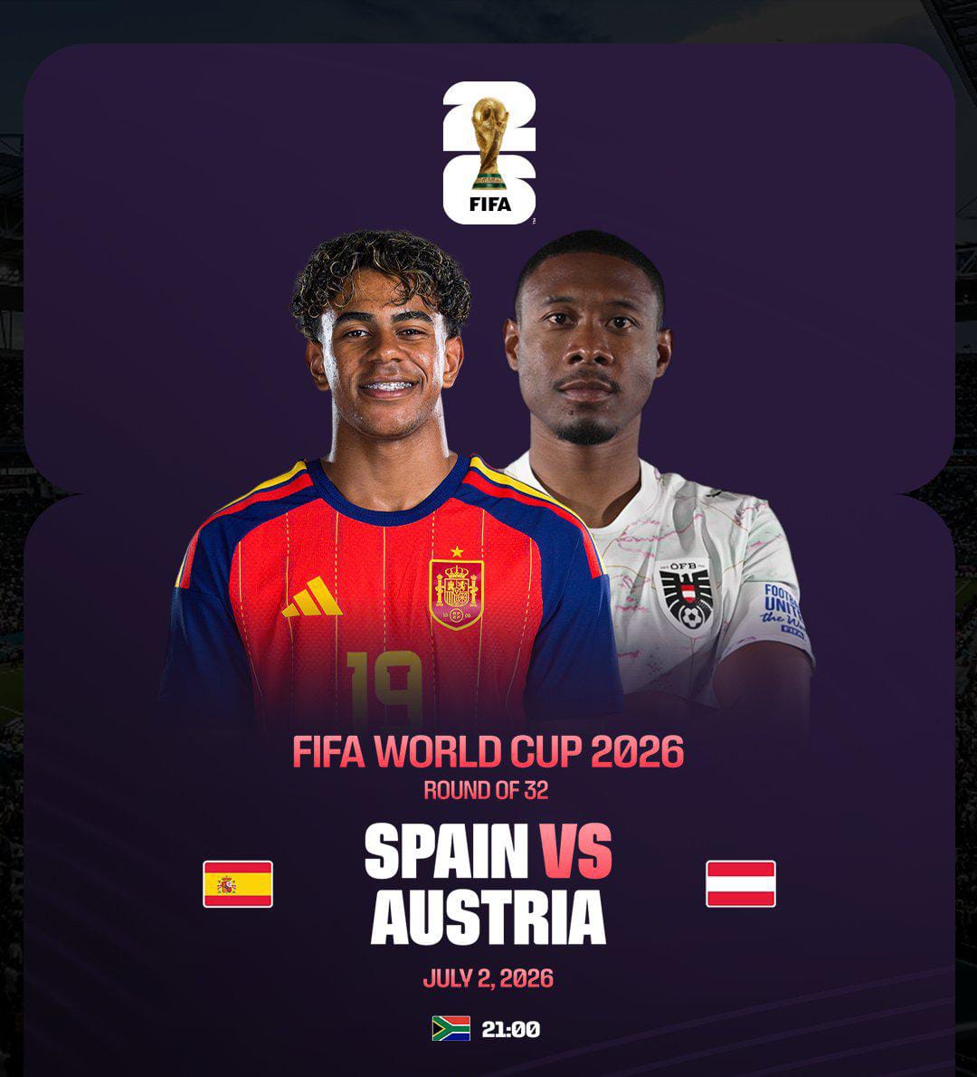 AlunnoRwanda's tweet photo. WORLD CUP 2026 

LIVE 📻 88.8FM, 90.3FM, 107.3FM  I saa 21h00.

▫️ SPAIN  vs AUSTRIA 

Ni Umukino wa Round of 32 mu gikombe cy'isi cya 2026 kuri LOS ANGELES STADIUM 🏟️ yakira abantu ibihumbi 70,492.

Ni iyihe itsinda uyu munsi?

Umusifuzi ni Glenn Nyberg.

Ni Mulumba &amp; Patrick. https://t.co/AtgjOHEx3i