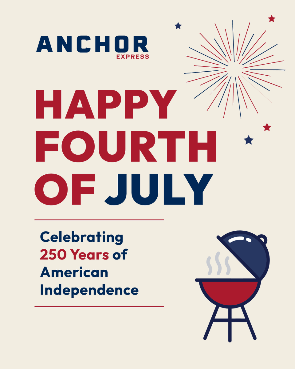 AnchorPXpress's tweet photo. Wishing our Anchor Express community a happy Fourth of July. Enjoy the celebration, make great memories, and have a safe holiday weekend. #anchorexpress #fourthofjulyweekend https://t.co/f1y0DdNvms