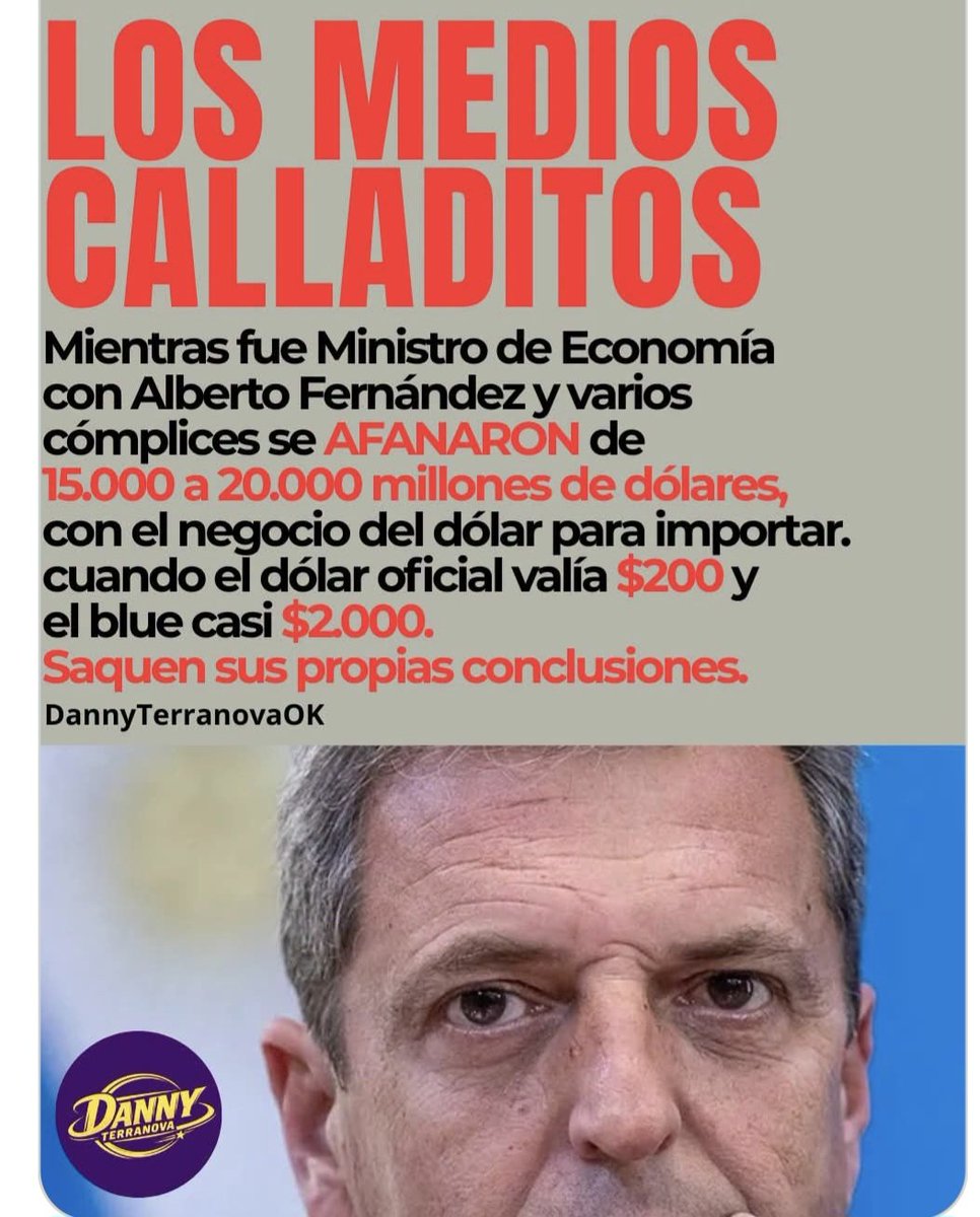 aloMecha's tweet photo. Mientras fue Ministro de Economía
con Alberto Fernández y varios 
cómplices se AFANARON de 
15.000 a 20.000 millones de dólares,
con el negocio del dólar para importar.
cuando el dólar oficial valía $200 y
el blue casi $2.000.
LO MEDIOS CALLADOS, EN SILENCIO. https://t.co/KsmonEcNJl