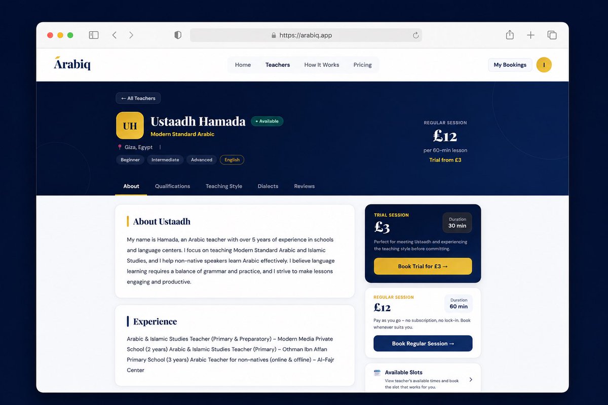 qalam_writes's tweet photo. a few years ago, I set out to learn Arabic.

like many others, I turned to the biggest tutoring platforms, hoping to find a teacher I could connect with.

but the experience was frustrating.

i’d book lessons only to find teachers who seemed disengaged, teaching methods that didn't suit my learning style, or classes that simply weren't delivering value. 

eventually, I'd lose motivation and stop learning altogether.

the problem wasn't the language.

the problem was finding the right teacher.

i kept coming back to the same question: 

why isn’t there a dedicated Arabic tutoring platform that only works with expert native teachers?

so I decided to build one myself.

after months of work, countless late nights, and more hours behind a laptop than I'd like to admit, I'm proud to introduce Arabiq. 

a tutoring platform built exclusively for Arabic, connecting learners with expert native teachers who are carefully selected for exceptional teaching quality.

my goal was simple: make high-quality Arabic learning accessible to everyone.

alhamdulillah, today that vision becomes a reality.

welcome to @Arabiq_app 

https://t.co/iXDI1epxC2