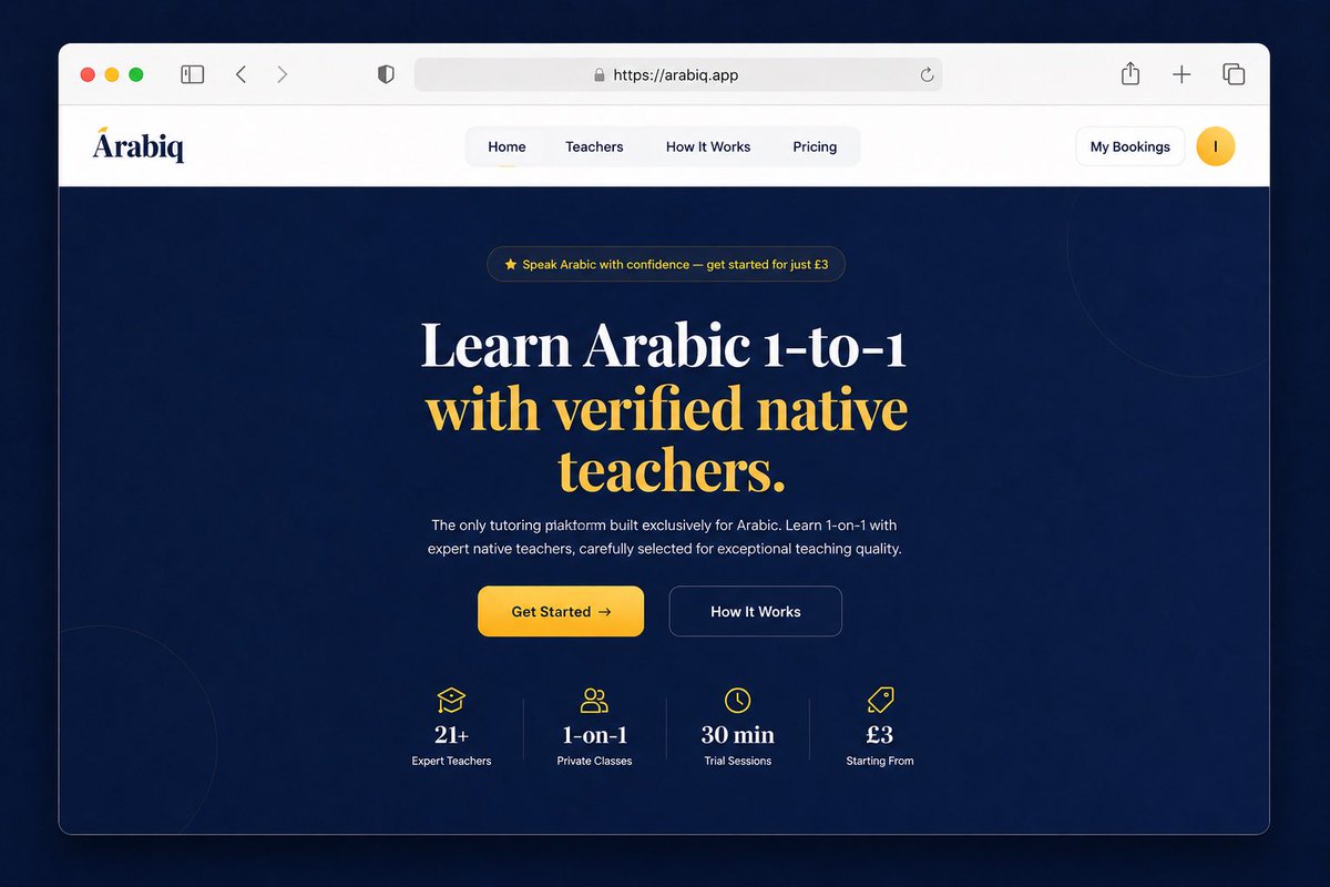 qalam_writes's tweet photo. a few years ago, I set out to learn Arabic.

like many others, I turned to the biggest tutoring platforms, hoping to find a teacher I could connect with.

but the experience was frustrating.

i’d book lessons only to find teachers who seemed disengaged, teaching methods that didn't suit my learning style, or classes that simply weren't delivering value. 

eventually, I'd lose motivation and stop learning altogether.

the problem wasn't the language.

the problem was finding the right teacher.

i kept coming back to the same question: 

why isn’t there a dedicated Arabic tutoring platform that only works with expert native teachers?

so I decided to build one myself.

after months of work, countless late nights, and more hours behind a laptop than I'd like to admit, I'm proud to introduce Arabiq. 

a tutoring platform built exclusively for Arabic, connecting learners with expert native teachers who are carefully selected for exceptional teaching quality.

my goal was simple: make high-quality Arabic learning accessible to everyone.

alhamdulillah, today that vision becomes a reality.

welcome to @Arabiq_app 

https://t.co/iXDI1epxC2
