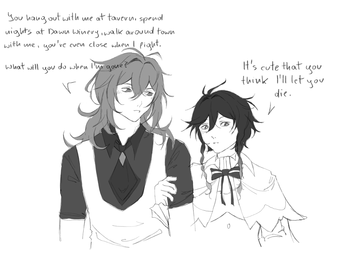_roadk1ll_04's tweet photo. It's cute until it isn't. Could Venti curse Diluc to live longer? Like the Hydro Archon cursed Furina.

But venti would never do that...
#diluven #venluc https://t.co/hgu9iMeYkT