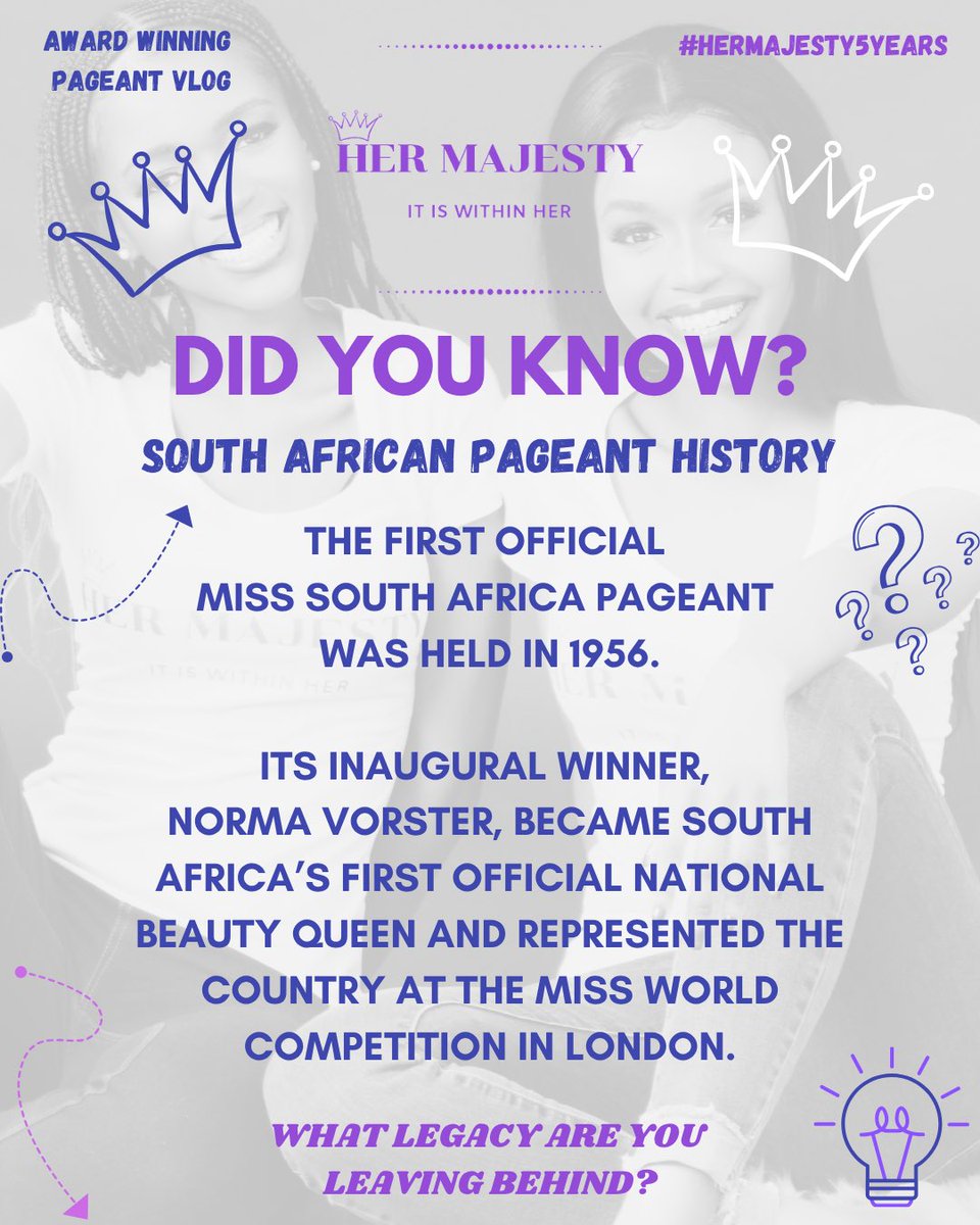 HerMajestyOrg's tweet photo. DID YOU KNOW? 👑

The Miss South Africa pageant has a rich history spanning nearly seven decades.

The first official Miss South Africa competition was held in 1956, with Norma Vorster being crowned the country’s first national beauty queen. https://t.co/C4pw9kwQH1