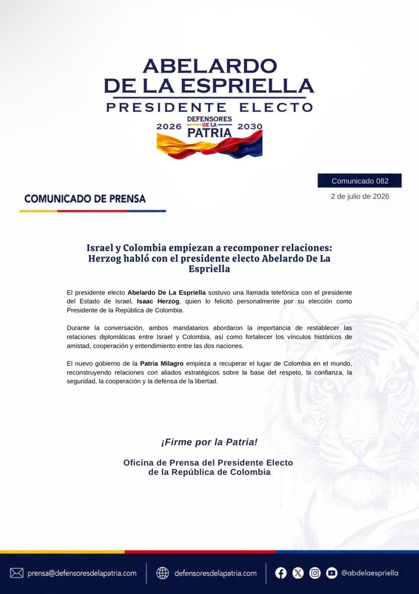 Horadelaverdad's tweet photo. El restablecimiento de los vínculos entre Colombia e Israel comenzó a tomar forma. 

El presidente electo, Abelardo De La Espriella, habló por teléfono con el mandatario israelí, Isaac Herzog, para abordar la reanudación de las relaciones diplomáticas entre ambos países. https://t.co/qgroYZSypB