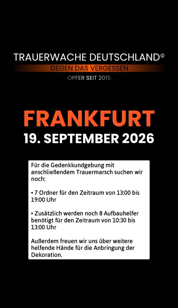 trauerwache_deu's tweet photo. Liebe Mitmenschen,
für Frankfurt brauchen wir noch Menschen mit Herz, Tatkraft und Verantwortungsbewusstsein.
Gesucht werden Unterstützer für den Aufbau, Ordner sowie helfende Hände für die Dekoration, damit wir gemeinsam einen würdevollen Rahmen schaffen können.

Außerdem würden wir uns sehr über einen freiwilligen Techniker oder DJ freuen. Die benötigte Technik ist bereits vorhanden.

Wer uns unterstützen möchte, meldet sich bitte über unsere Webseite:
https://t.co/MJCU5ORyP5