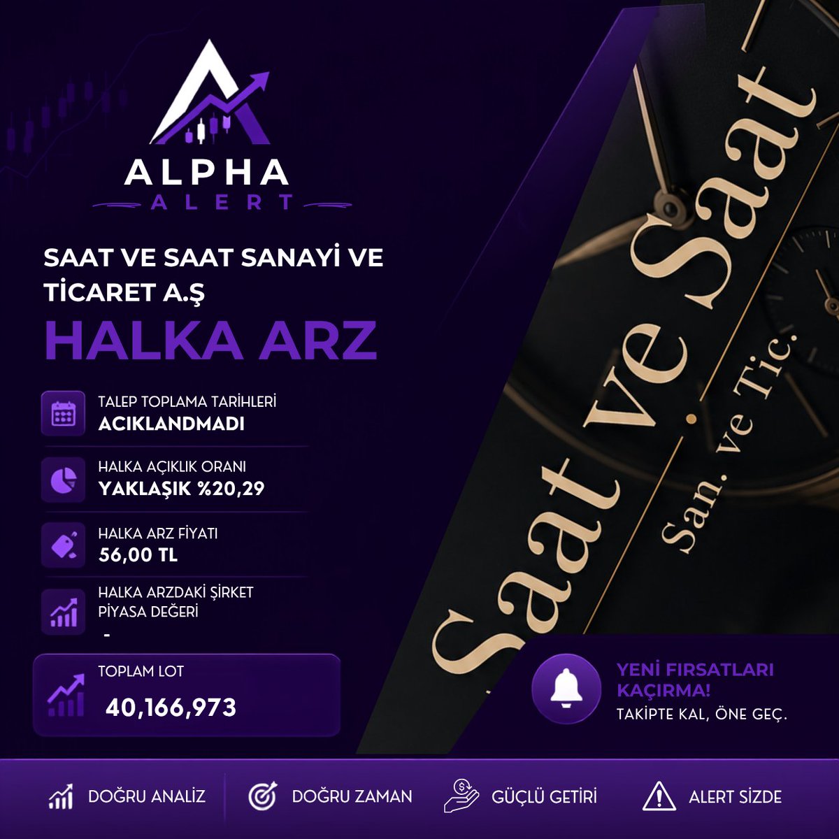 alphalert1's tweet photo. ⌚ Saat ve Saat Halka Arzı Geliyor! İşte İlk Detaylar                                                                                 
💰 Halka arz fiyatı: 56,00 TL
📊 Halka açıklık: %20,29
📦 Toplam lot: 40.166.973
📅 Talep toplama tarihi: Henüz açıklanmadı.
 #saat #halkaarz https://t.co/sGdQXoXulp