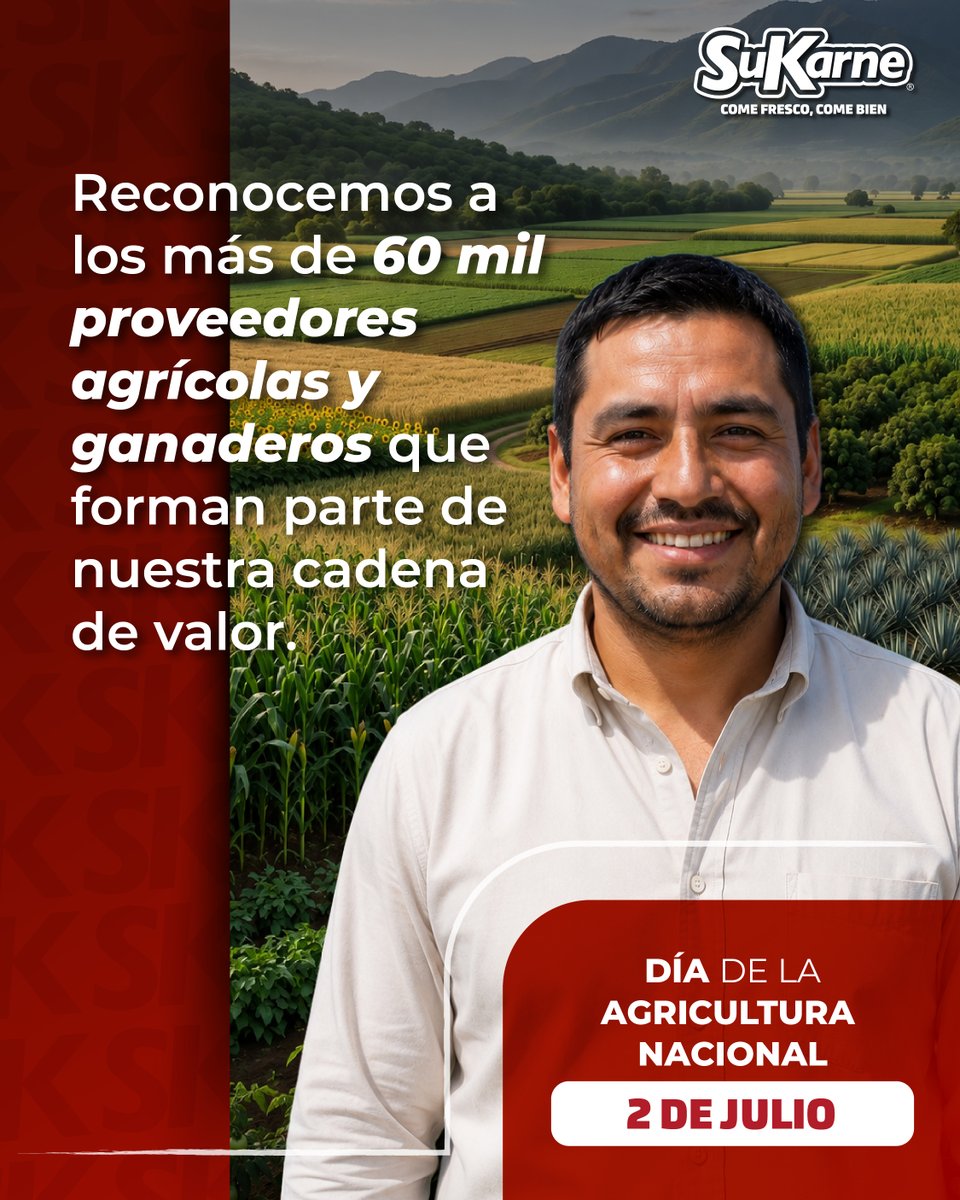 SuKarne_Oficial's tweet photo. En el Día de la Agricultura Nacional, reconocemos la labor de más de 60 mil proveedores agrícolas y ganaderos que fortalecen nuestra cadena de valor. Su trabajo impulsa el desarrollo del sector agroalimentario. 🚜

¡Gracias por sembrar oportunidades de crecimiento para México! 🇲🇽

#DíaDeLaAgricultura #SuKarne #CampoMexicano #Agroindustria