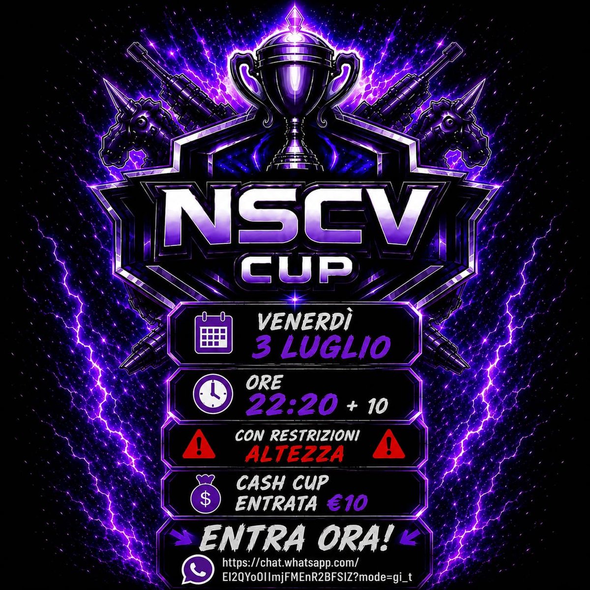 PCICup's tweet photo. 🔳 NSCV CUP 🔳

🗓️ VENERDÌ 3 LUGLIO
⏰ORE 22:20 + 10
⛔️CON RESTRIZIONI ALTEZZA⛔️
💰CASH CUP ENTRATA €10

https://t.co/KSpiYgSSTv…

@NSCVLeague @OneNightCup @XxSIRSTEVENxX https://t.co/DRDEWWtjCl