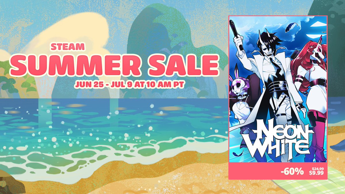 A_i's tweet photo. Neon White is 60% off for the Steam Summer Sale. 

Neon White is a single-player speedrunning FPS where you can sacrifice your guns for godlike parkour moves. https://t.co/qZDYtQ0qy2