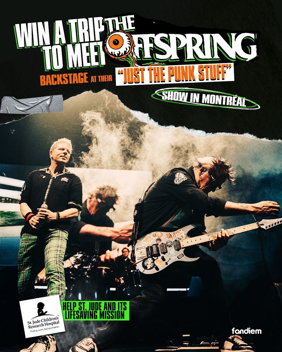 offspring's tweet photo. Enter for the chance to win a trip to meet us backstage at JUST THE PUNK STUFF in Montréal! Includes flights, hotel, artist passes for our JUST THE PUNK STUFF show at @mtelusmontreal on August 5, exclusive side stage viewing access, a signed guitar, the chance to meet us backstage, and more. Donate now to support @StJude and its lifesaving mission for your chance to win. Enter to win at: https://t.co/t3vG7FiXWr