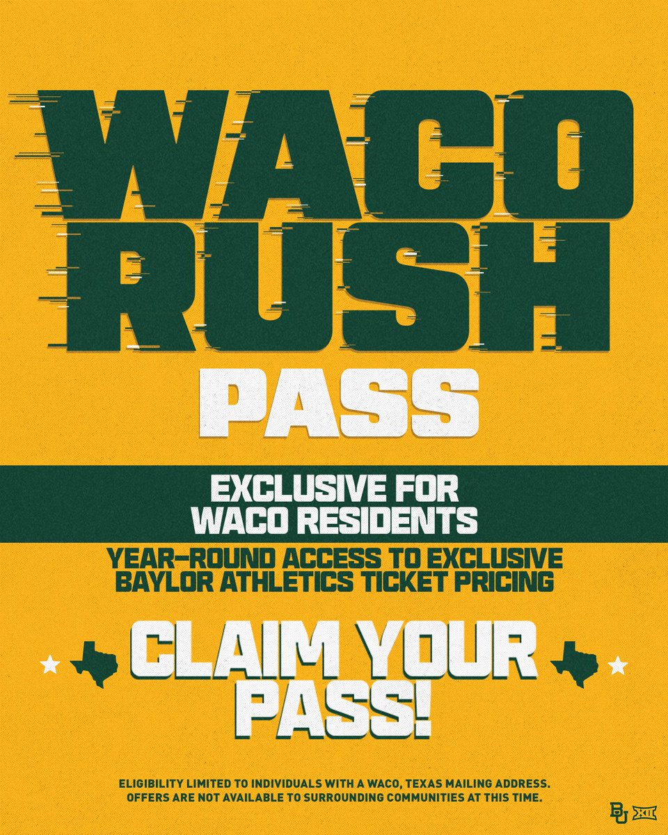 BaylorAthletics's tweet photo. There's a new way for Waco to experience Baylor Athletics. 💚🐻

Introducing the Waco Rush Pass: giving Waco residents year-round access to exclusive ticket offers for select home events across multiple sports.

Whether you're a lifelong Bear or visiting us for the first time, we can't wait to welcome you home.

Complete the registration form today: https://t.co/sDGeOs7Fuj

#SicEm
