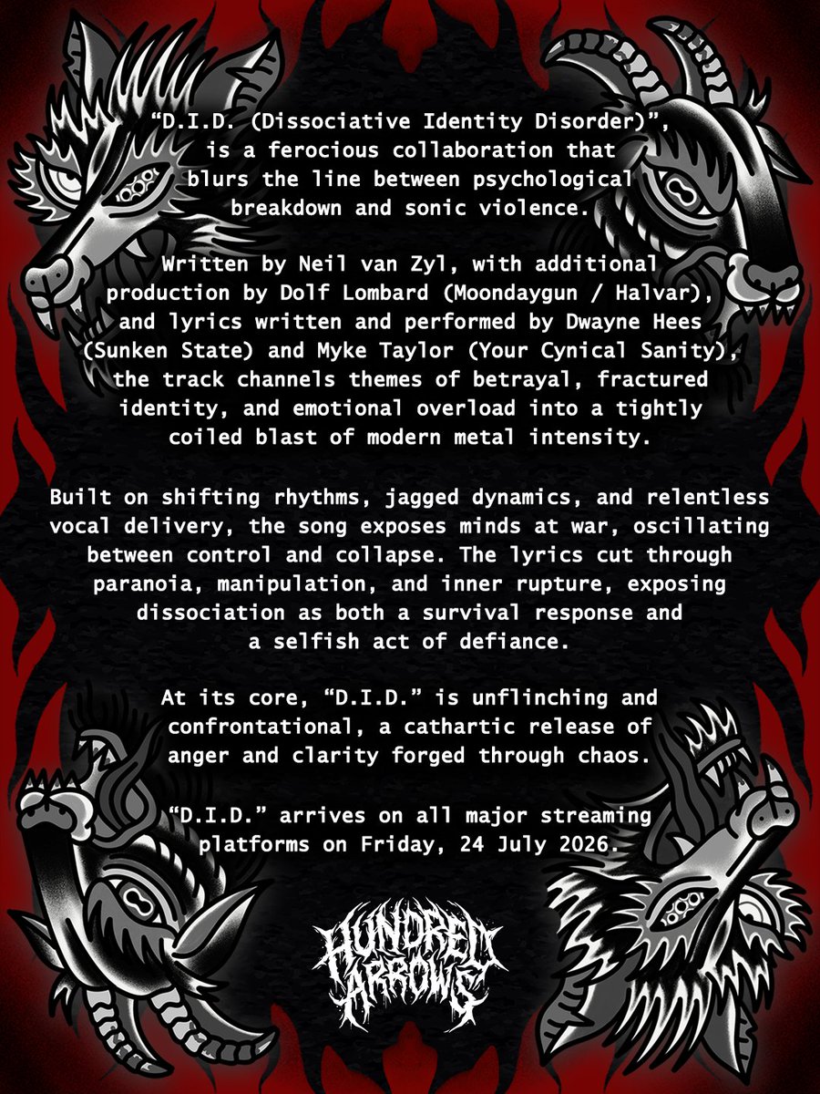 hundred_arrows's tweet photo. For the first time, Dwayne Hees (Sunken State) and Myke Taylor (Your Cynical Sanity) unite on a studio recording, bringing two unmistakable voices together in a collaboration fans have long wanted to hear. "D.I.D." arrives on all major streaming platforms Friday, 24 July 2026. https://t.co/hoK4Oh3kS3