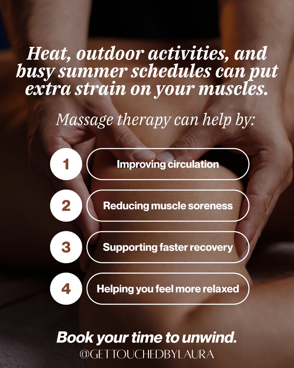 gettouchedmass1's tweet photo. Whether you've been traveling, working out, or simply feeling overwhelmed, massage therapy can help reduce soreness, improve circulation, and ease stress.

Book your time to unwind.

📞 (310) 968-6111

#MassageBenefits #Wellness #SummerStressRelief https://t.co/Rousn1NnYm