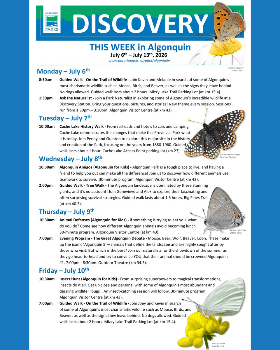 Algonquin_PP's tweet photo. Discover what's happening 'THIS WEEK' in Algonquin from JULY 6 - 13!
🦋  
There is something fun for everyone!

Our schedule is also posted on our Events page and on information boards across the Hwy 60 Corridor. 
https://t.co/59XIEWsfqQ https://t.co/SqwIFJmS0g