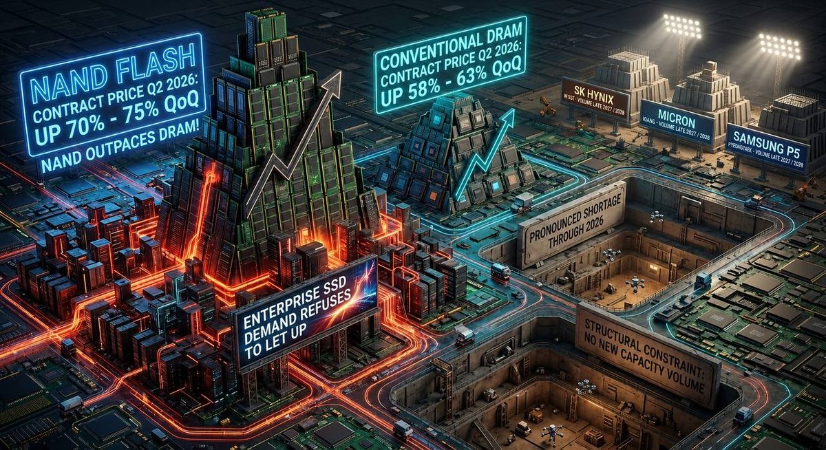MemoryReport's tweet photo. Nothing in the supply picture argues for a top. 

Contract prices are still climbing. TrendForce's latest survey has conventional DRAM contract prices rising 58% to 63% quarter-over-quarter in Q2 2026, with NAND Flash up 70% to 75%. NAND's roughly 75% increase outpaces DRAM for the first time in this cycle as enterprise SSD demand refuses to let up. 

The structural constraint is unchanged: TrendForce expects a pronounced shortage through 2026, with new fab capacity unlikely to arrive in volume before late 2027 or 2028. New wafer lines at SK Hynix's M15X, Micron's Idaho fab, and Samsung's Pyeongtaek P5 don't move the needle on bit supply until mid-2027 into 2028.