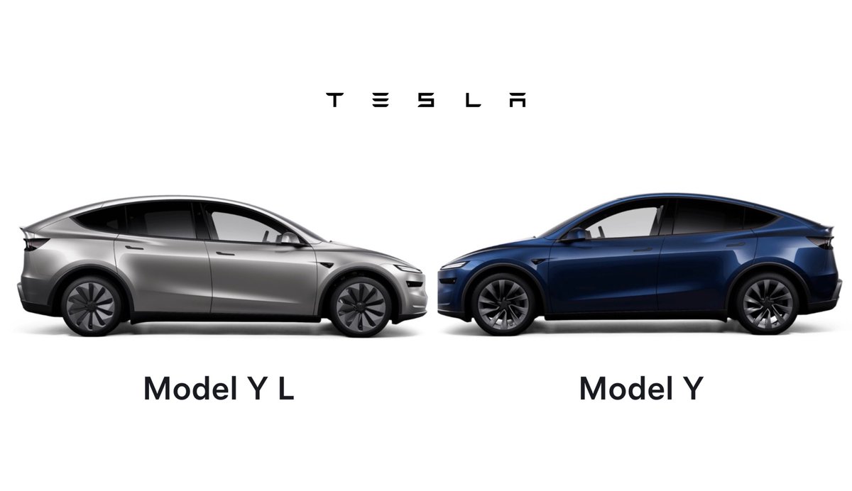 niccruzpatane's tweet photo. Here’s a comparison of the new larger Tesla Model Y L vs the normal-sized Model Y Premium in the US:

Length:
• Model Y L: 195.6" (3.7% larger)
• Model Y: 188.7"

Height:
• Model Y L: 65.7” (2.8% higher)
• Model Y: 63.9”

Cargo Space: 
• Model Y L: 89 cu ft (17% more room) 
• Model Y: 76 cu ft 

Weight:
• Model Y L: 4,612 lbs (3% heavier) 
• Model Y: 4,473 (Premium AWD) 

Seating: 
• Model Y L: Six Seater, with Power-folding second and third row. Second row captain chairs are heated and ventilated with power extending armrests. 
• Model Y: Power-folding second row with heating. 

Range: 
• Model Y L: 325 miles (0.61% less) 
• Model Y Premium AWD: 327 miles 

Performance: 
• Model Y L: 0-60 mph in 4.4s
• Model Y Premium AWD: 0-60 mph in 4.6s

Audio:
• Model Y L: 18 speakers 
• Model Y Premium: 15 Speakers 

Things that the Model Y L has, but a normal Y doesn’t:
• 50W air-cooled phone charger 
• Vehicle-to-load capabilities (120V 20A AC) with charge port and Outlet Adapter.
• Home Powershare when paired with a Powerwall 3. 
• Zen Grey Interior Option
• Cosmic Silver Paint
