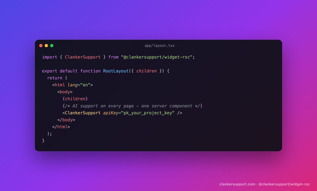 smakosh's tweet photo. We just shipped a React Server Components SDK for @ClankrSupport 

One component in your @nextjs root layout = an AI support agent on every page.

No script tags. No layout shift. Headless when you want your own UI.

🧵 https://t.co/YOJEHfGK9A