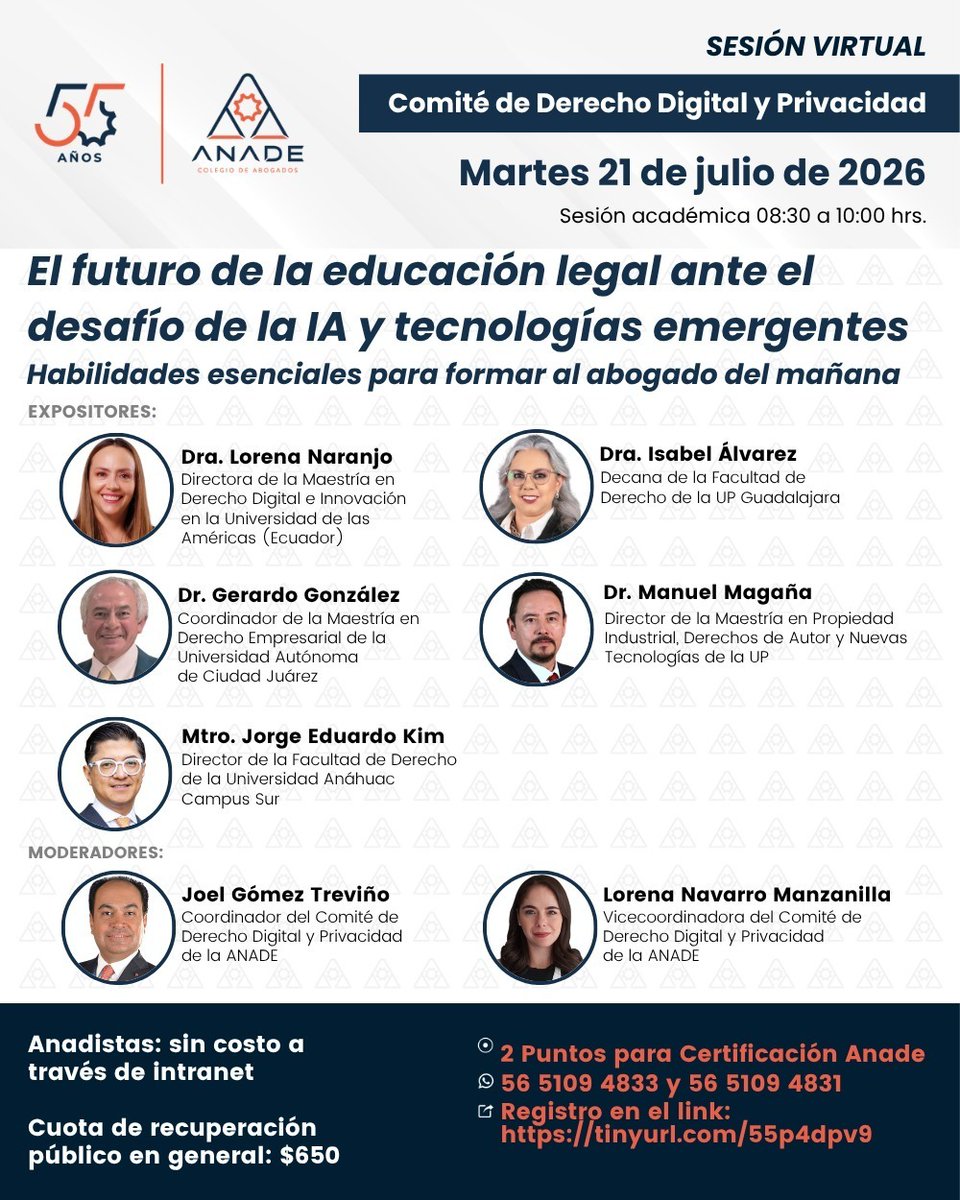 ANADEcolegio's tweet photo. El futuro de la educación legal ante el desafío de la IA y tecnologías emergentes
Habilidades esenciales para formar al abogado del mañana

🗓️ Martes 21 de Julio del 2026
🕐 8:30 a 10:00 hrs. 💻  Virtual
🛎️ Registro: https://t.co/Mg1UqioMNw

#NuestraResponsabilidadEsHoy https://t.co/KbnLOny7Sk
