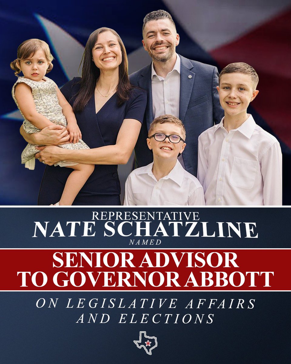NateSchatzline's tweet photo. I have officially resigned my seat as the Representative for House District 93. I am tremendously proud of the work we’ve been able to accomplish over the last two sessions. 

Serving the people of Ft. Worth has been the honor of a lifetime and my family and I will cherish the memories and friends we have made throughout my time in office. 

I am grateful for Governor @GregAbbott_TX’s trust and look forward to helping him carry out his agenda of making Texas the blueprint for election integrity!