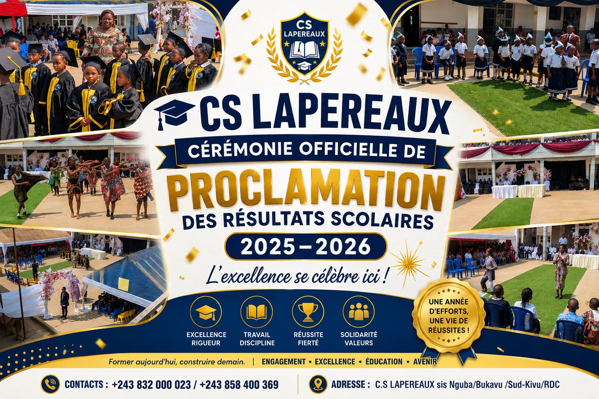 YannickNcuro4's tweet photo. 🎓Clap de fin pour 1 magnifique année scolaire au CS LAPEREAUX ! Félicitations aux lauréats, merci aux enseignants, aux parents et à toute la communauté éducative pour leur engagement. Ensemble, continuons à bâtir l'excellence. #CSLAPEREAUX #Excellence #Éducation #Bukavu #RDC https://t.co/bamZaKHsDS