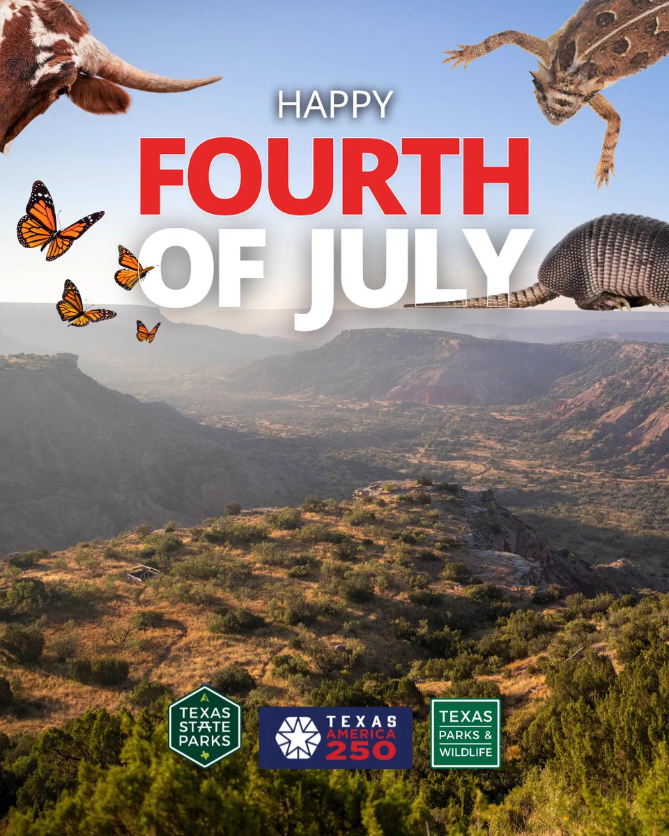 Scenic view of canyons with photos of longhorn, horned lizard, armadillo, and monarch butterfly superimposed on top. Text says Happy Fourth of July