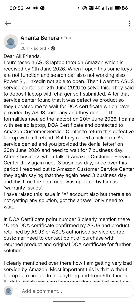 Ananta3853's tweet photo. @AmazonHelp @amazonIN @ASUS @PMOIndia @AshwiniVaishnaw @CMO_Odisha @AmitAgarwal @Flipkart @myntra @Walmart @facebook @instagram @LinkedIn @ajassy I have posted this issue in my LinkedIn profile also and will be update in facebook. I request you kindly return this defective laptop with full refund. FYI @LinkedIn @facebook https://t.co/Ds5dNMw3k8